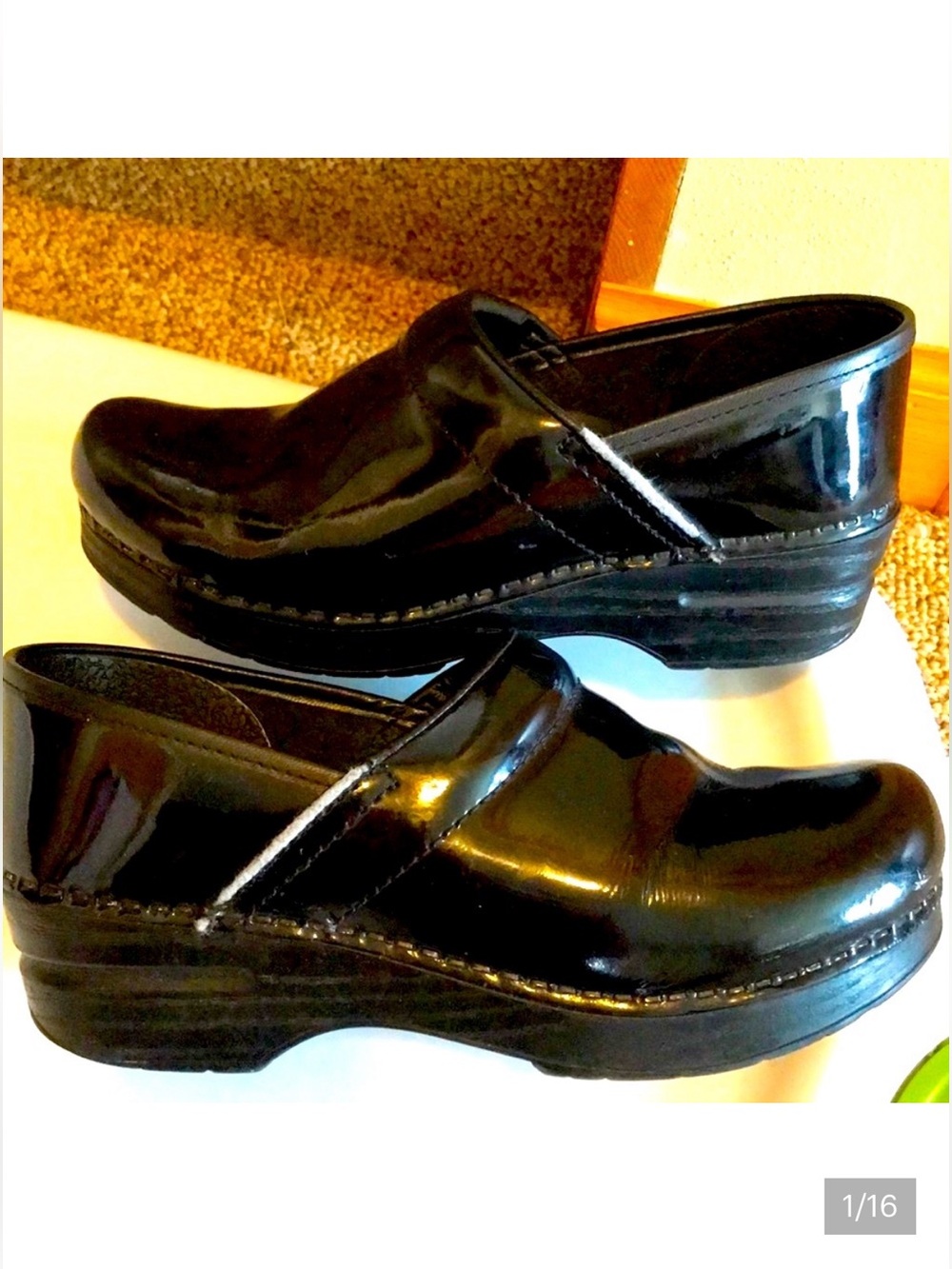 Dansko Professional 38 Black Shiny Patent Leather Stapled Slip on Closed Clog